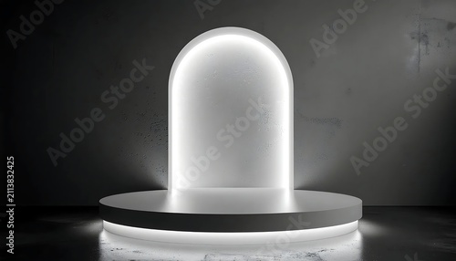 Futuristic glowing white pod on circular base in dark room