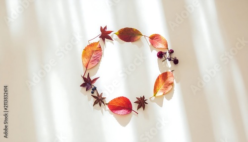 Autumn leaf wreath with star anise on light background