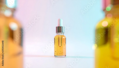 Golden essential oil bottle with dropper on white surface