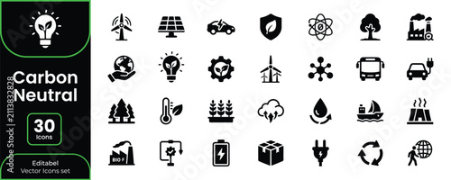 Set of thirty carbon neutral and eco friendly icons representing sustainable energy green technology and environmental protection concepts