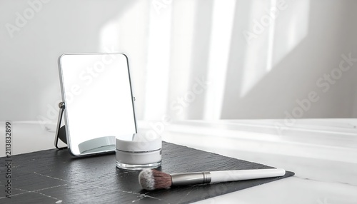 Makeup brush and skincare on black tray with mirror