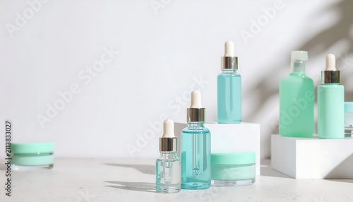 Elegant turquoise skincare bottles on white marble surface with soft shadow