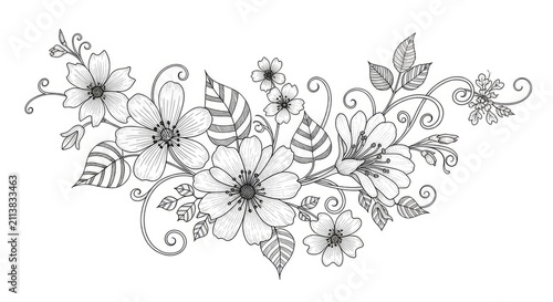Horizontal floral border line art with leaves and vines.