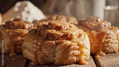 A slow push-in shot captures freshly baked golden cinnamon rolls on a rustic wooden table, highlighting flaky pastry textures under warm morning sunlight for a cozy, appetizing bakery aesthetic.
