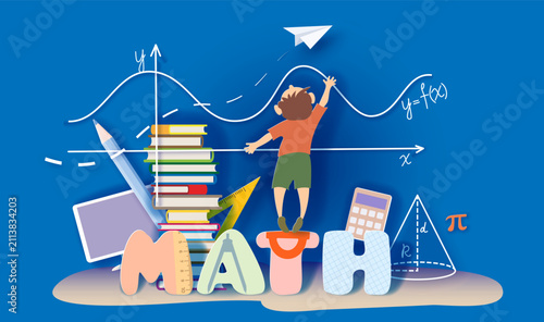 Back to school Concept. Cartoon Little boy math student learning mathematic in trendy paper cut craft style.