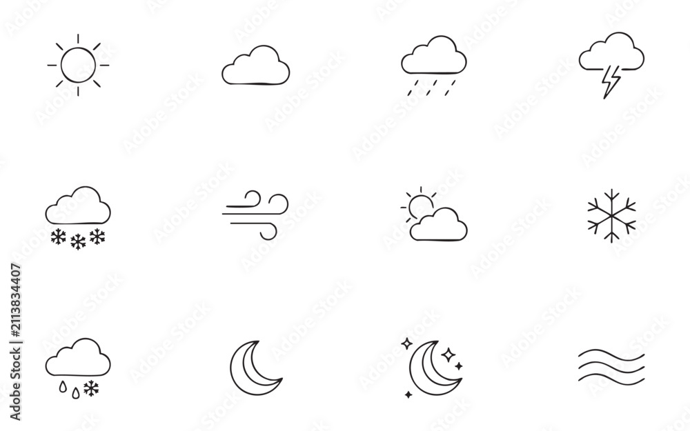 Obraz premium Set of 12 line weather icons showing sun, clouds, rain, snow, wind, moon, snowflake.