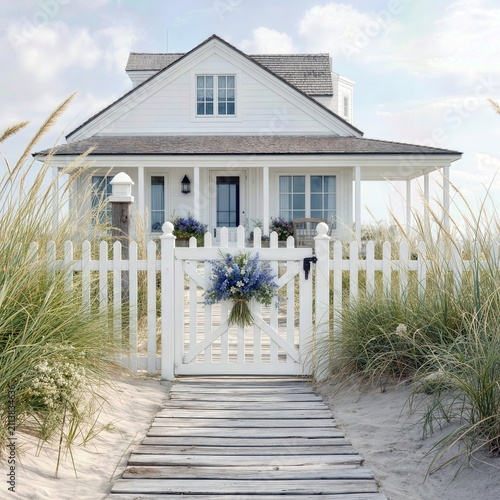 White cottage on the beach surrounded by dune grass and white sand, with a white wooden picket fence and a summer floral arrangement hanging on the gate 