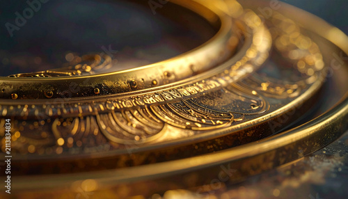 Close up of ornate golden circular frame with intricate embossed patterns and luxury texture