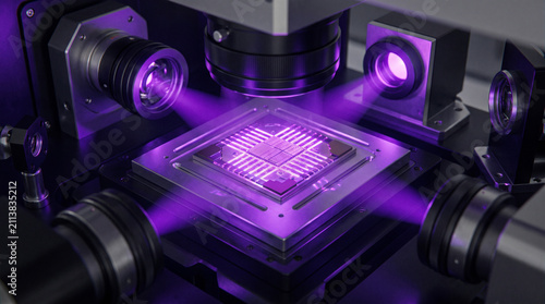This beautiful and highly detailed stock photograph captures advanced photolithography machinery projecting purple ultraviolet lasers onto a silicon semiconductor die now.