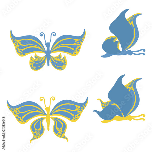 Two yellow and blue butterflies. Side and top views. Vector illustration isolated on a white background.