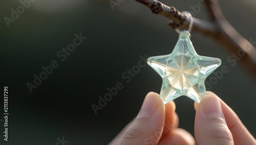  Beautiful clear glass star ornament hanging delicately on a tree branch in nature