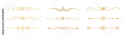 Gold divider set. Glitter text separator borders with swirl, leaf, flower, snowflake and arrow accents for luxury decor, wedding invitation, certificate, menu and page elements. Vector illustration
