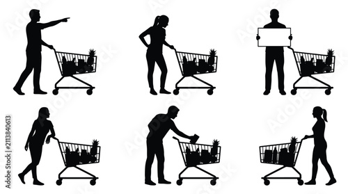 Canvastavla Diverse collection of shopping cart silhouettes featuring people performing vari
