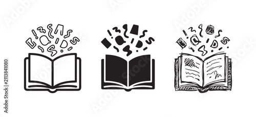 фотографія Three imaginative depictions of an open book with abstract shapes and letters emanating, symbolizing knowledge, ideas, and the power of reading in various styles