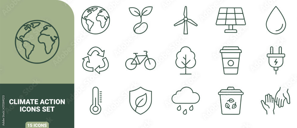 Fototapeta premium Climate action icons set featuring green outline symbols of earth, plant, wind turbine, solar panel, bicycle, and recycling