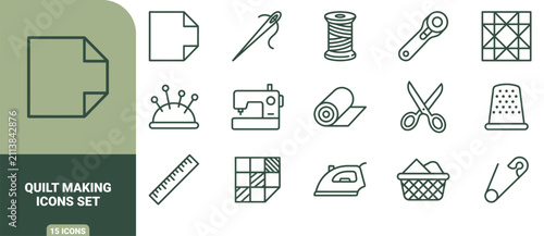 Konstfotografi Quilt making line icons set featuring sewing machine, needle, thread spool, rota