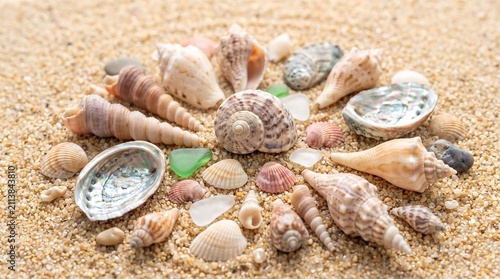 Seashell collection on beach sand. Close-up of assorted seashells and marine treasures. Coastal decor and beachcombing scene.