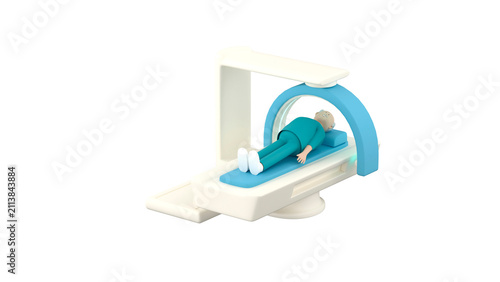 Elderly man lying on a modern X-ray scanner with a moving scanning part