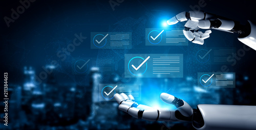 Obraz na plátně A robotic arm engages with holographic checkmarks and data screens, showcasing the future of technology and automation in a vibrant digital landscape