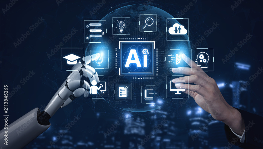 Obraz premium AI assisted knowledge training study system and online education process innovation for digital transformation to online student on internet guide lesson. Self improvement. Corpus