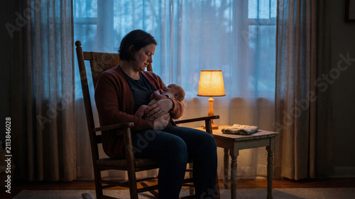 Exhausted parent soothes a wakeful infant in a moonlit living room