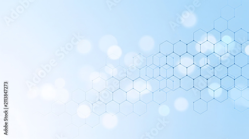 Abstract blue hexagon pattern with glowing light particle representing modern medical technology digital background design