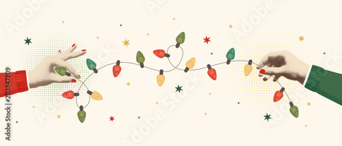 Retro Christmas and New Year Greeting Card or Banner with Holiday Garland Halftone Hands Untangle Festive Light Decoration and Decorating Christmas Tree Vector Illustration