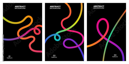 Set of three vertical posters featuring abstract glowing neon lines on a solid black background for modern design