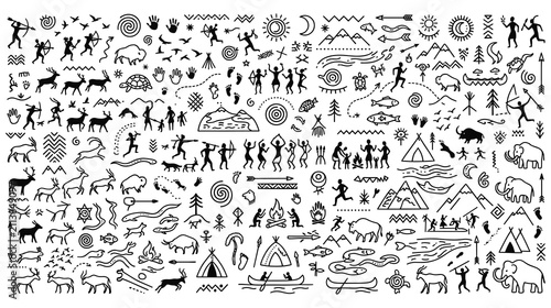 Ancient rock art drawings with tribal hunting scenes.