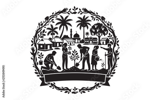 Foto People planting trees in a community garden in a village environment with planti