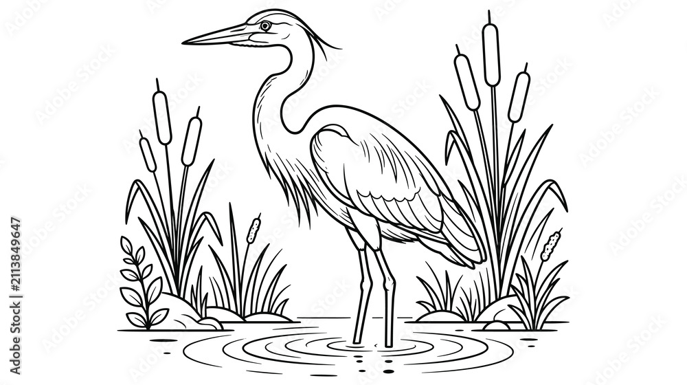Obraz premium Heron wading in water among reeds coloring page design.