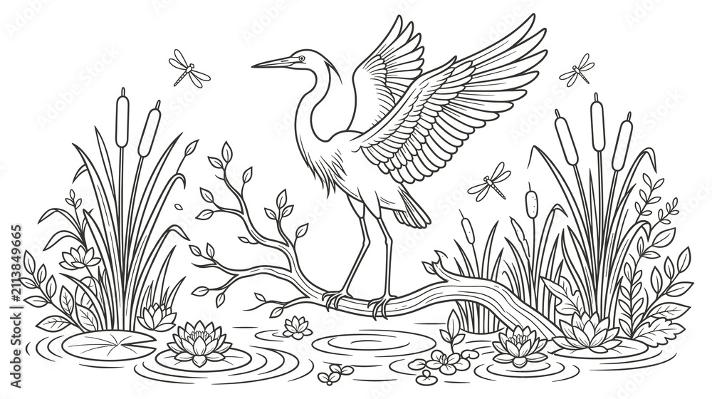 Obraz premium Heron on tree branch in marsh nature coloring page art.