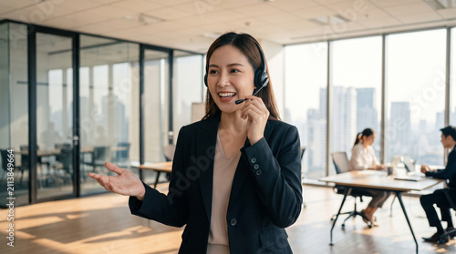This beautiful and highly detailed stock photograph captures a confident corporate sales agent wearing a wireless headset and talking happily in a bright room right here.