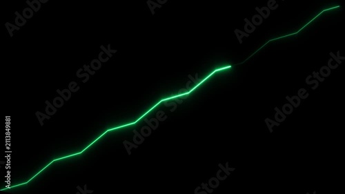 Green neon line graph rising on black background, financial growth concept chart