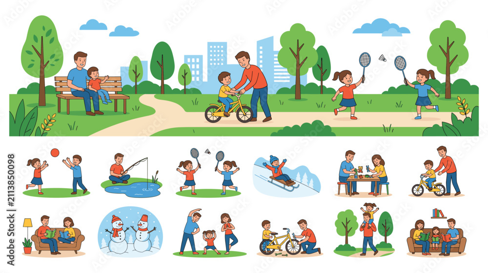 Fototapeta premium Diverse family leisure activities and park scenes set.
