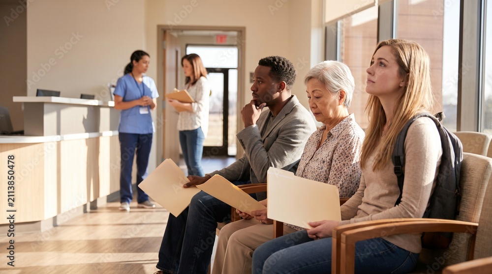 Fototapeta premium Thoughtful Patients Await Research Enrollment In Modern Outpatient Lobby