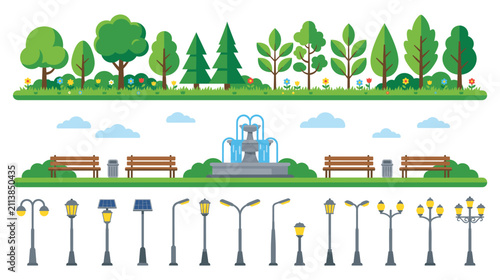 Colorful city park objects and green landscape assets.