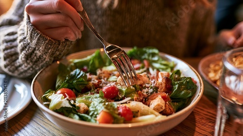 Lady enjoys tasty chicken salad. Restaurant setting promotes good eating, lunch, diet, health, and lifestyle.