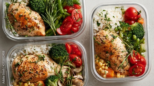 Cooked chicken, rice, and veggies sit in meal containers on a plain surface. These healthy, balanced dishes suit diet plans and fitness goals.