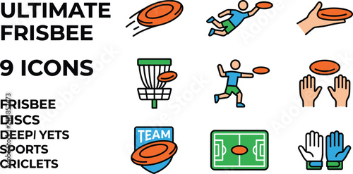 Fotografie Ultimate Frisbee 9 Icons Set Sports Team Game Play Vector