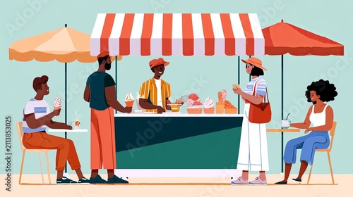 Someone serves ice cream and sorbet in summer. Customers enjoy sweet treats outside.