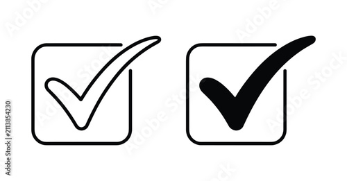 Bild auf Leinwand Checkmark Icons: Two distinct checkmark icons, one outlined and one filled black, are presented in clean squares, symbolizing confirmation and completion