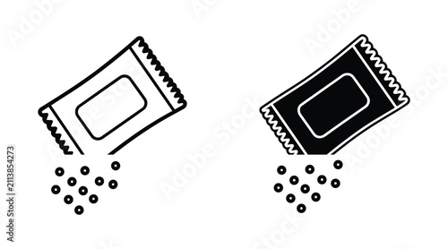 Bild auf Leinwand Packet Spill: A graphic representation of a packet spilling small particles, shown in both outline and solid black, symbolizing measurement or release