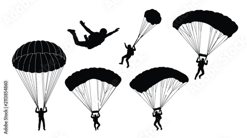 Fotografie Skydivers and parachutists performing daring aerial stunts depicted as black sil