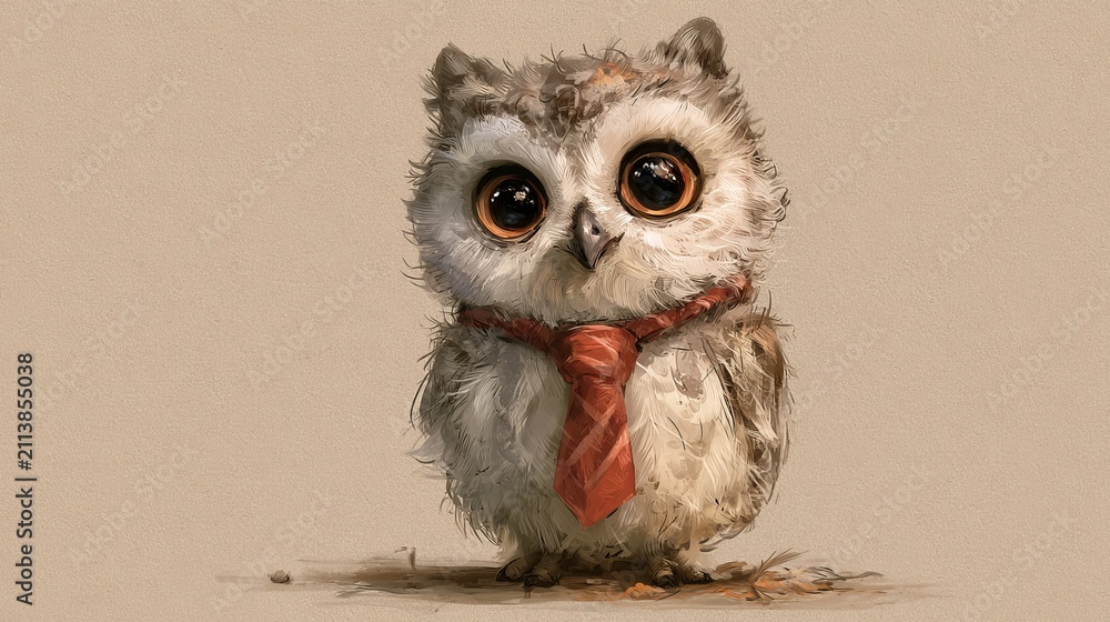 Obraz premium Small owl, dressed in necktie, appears in drawings.