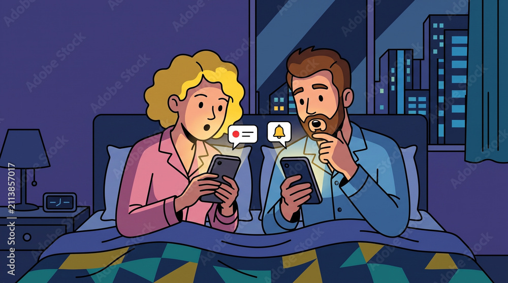 Obraz premium Couple checking separate smartphones with notification icons late at night in bed flat style illustration