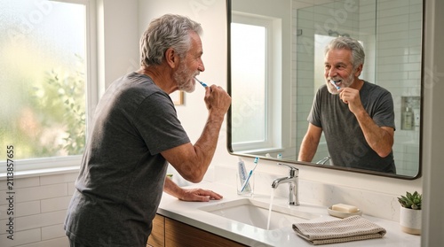 Senior man brushing his teeth in a bright bathroom as part of a healthy daily routine.