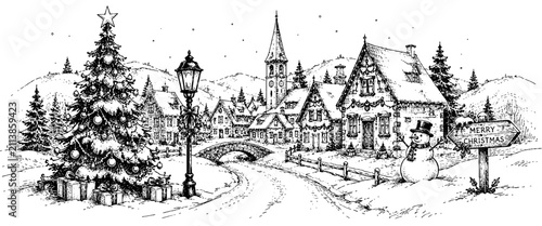 Festive vintage engraving artwork of a snowy Christmas village with decorated trees, cozy houses, a snowman and holiday decorations, perfect for seasonal greeting cards and winter celebrations.
