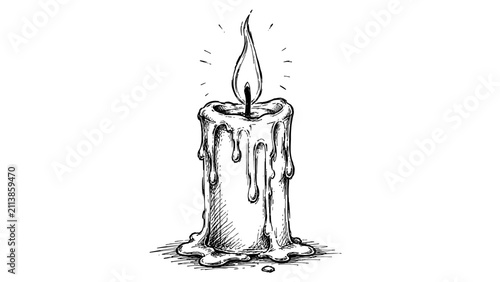 Classic monochrome illustration of a burning candle with dripping wax, symbolizing remembrance, hope, spirituality, warmth, mourning and peaceful reflection.