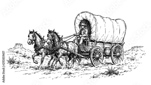 Detailed engraved illustration of a horse drawn covered wagon crossing an open frontier, ideal for western history, pioneer themes, travel, and educational projects.